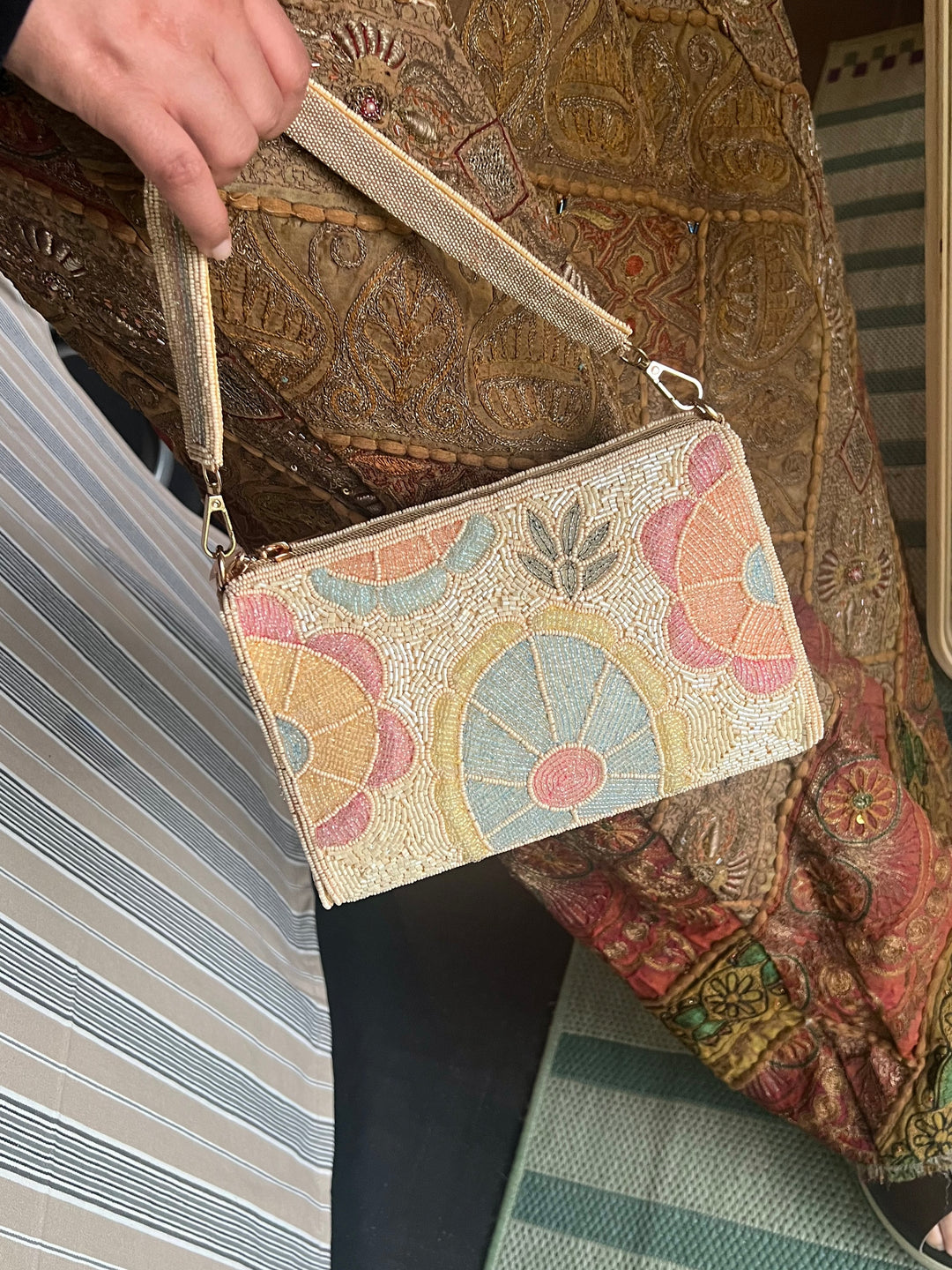 Handmade Pink Sky Blue & Ivory Beaded Purse | Elegant Embroidered Clutch | Detachable Strap