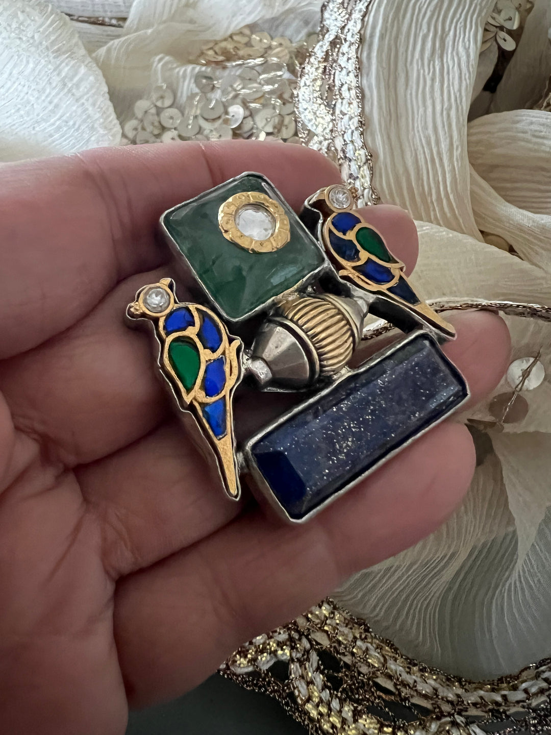 Statement Kundan 925 Silver Ring with Natural Stone & Bird Embellishments - Handmade, One of a Kind