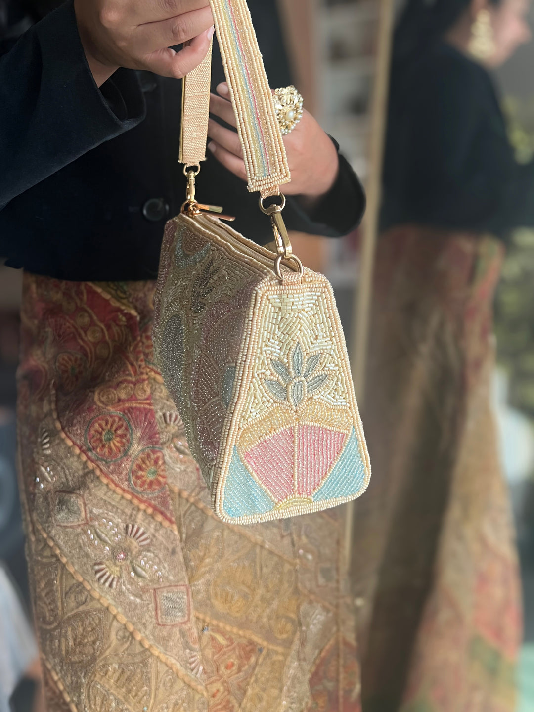 Handmade Pink Sky Blue & Ivory Beaded Purse | Elegant Embroidered Clutch | Detachable Strap