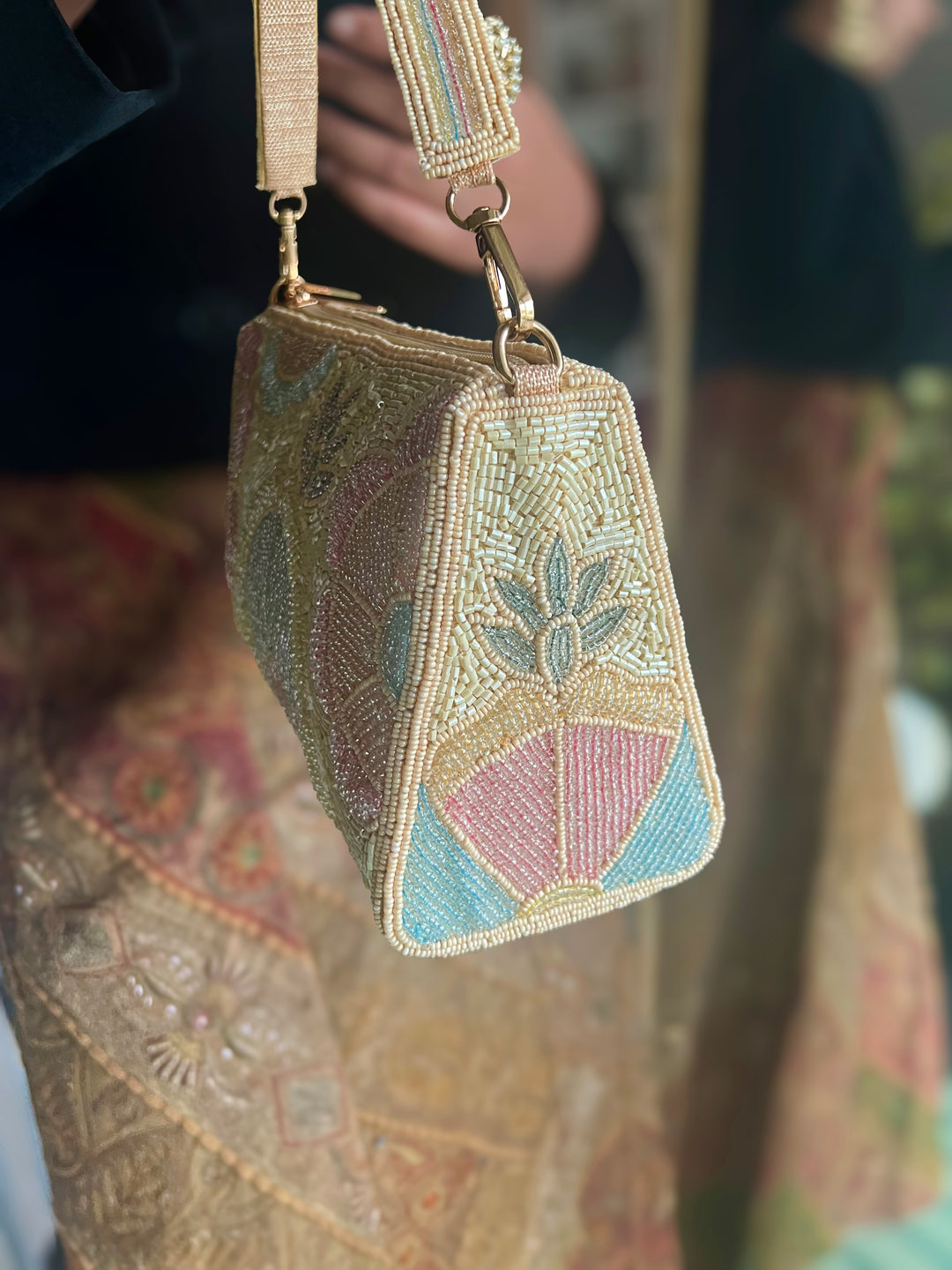 Handmade Pink Sky Blue & Ivory Beaded Purse | Elegant Embroidered Clutch | Detachable Strap