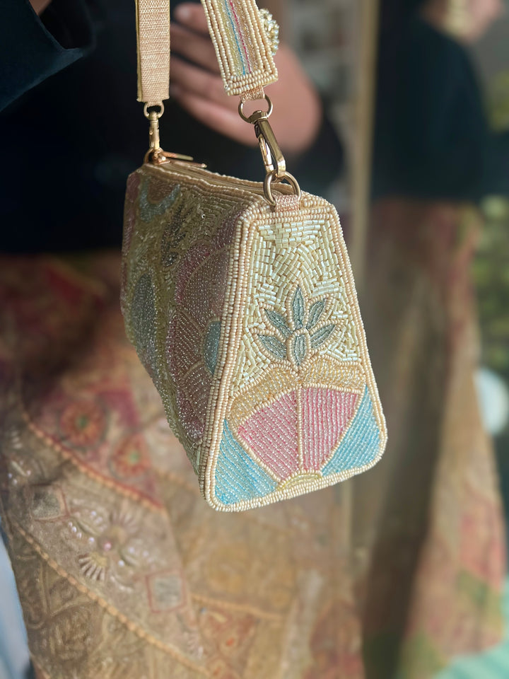 Handmade Pink Sky Blue & Ivory Beaded Purse | Elegant Embroidered Clutch | Detachable Strap
