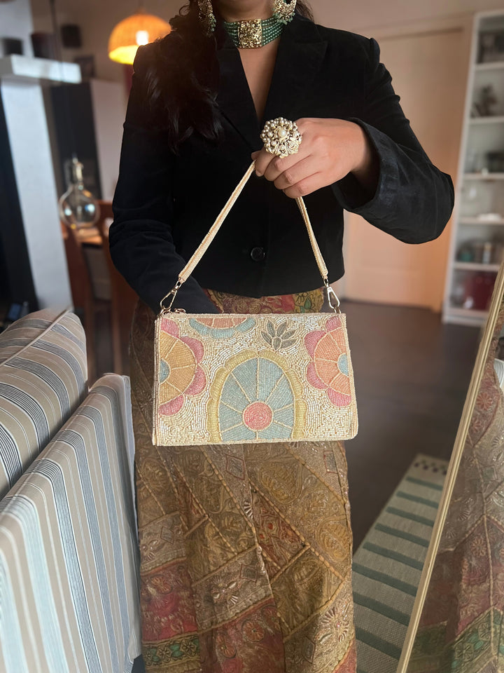 Handmade Pink Sky Blue & Ivory Beaded Purse | Elegant Embroidered Clutch | Detachable Strap