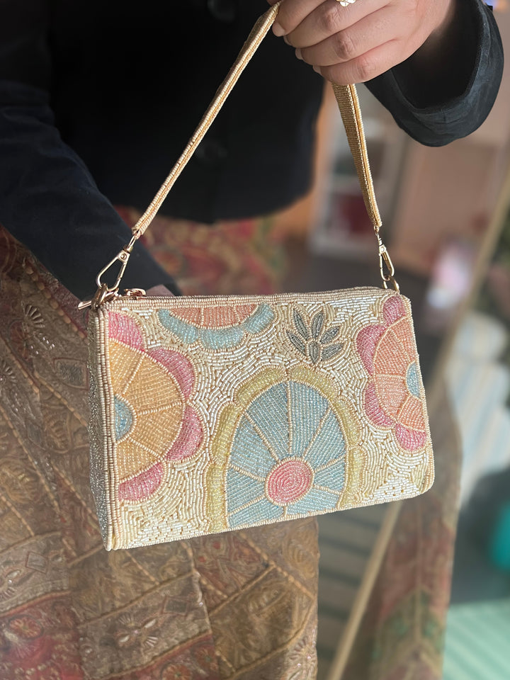 Handmade Pink Sky Blue & Ivory Beaded Purse | Elegant Embroidered Clutch | Detachable Strap