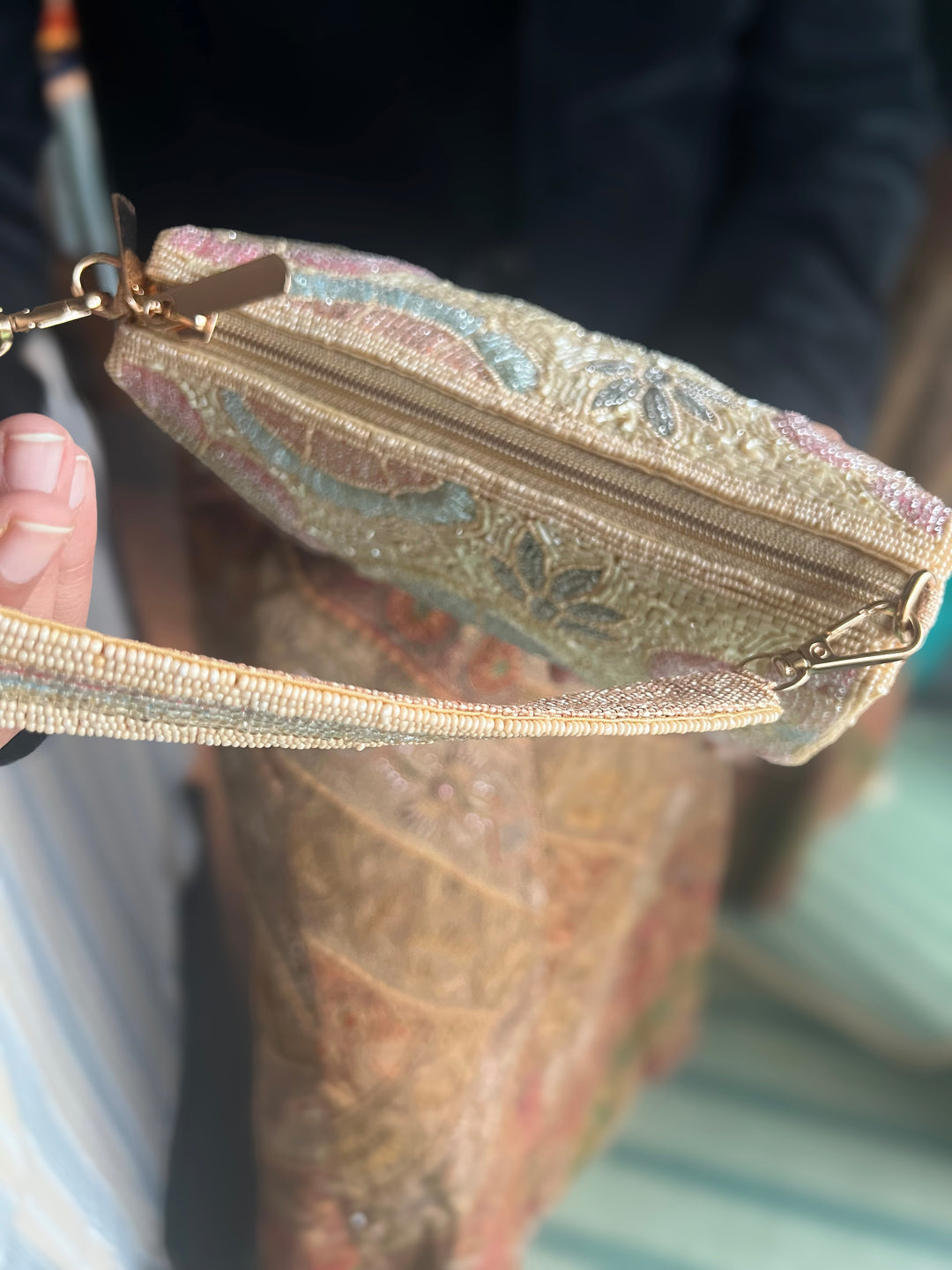 Handmade Pink Sky Blue & Ivory Beaded Purse | Elegant Embroidered Clutch | Detachable Strap