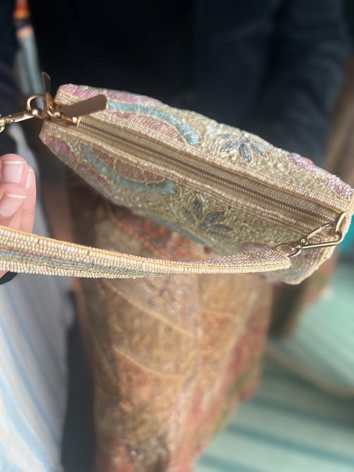 Handmade Pink Sky Blue & Ivory Beaded Purse | Elegant Embroidered Clutch | Detachable Strap