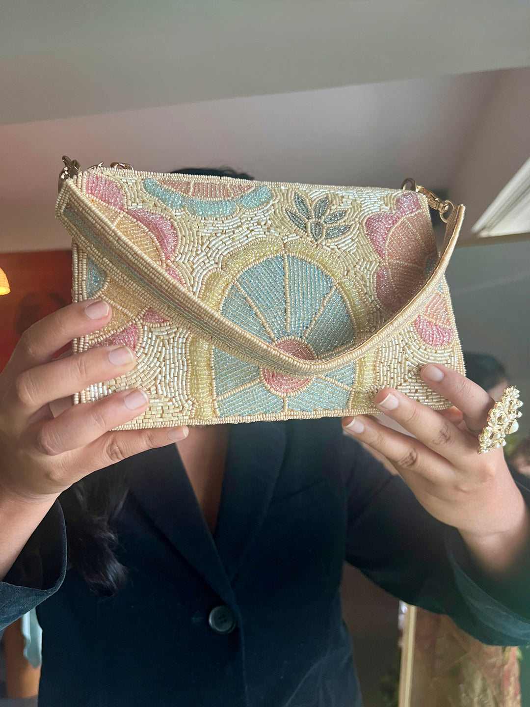 Handmade Pink Sky Blue & Ivory Beaded Purse | Elegant Embroidered Clutch | Detachable Strap