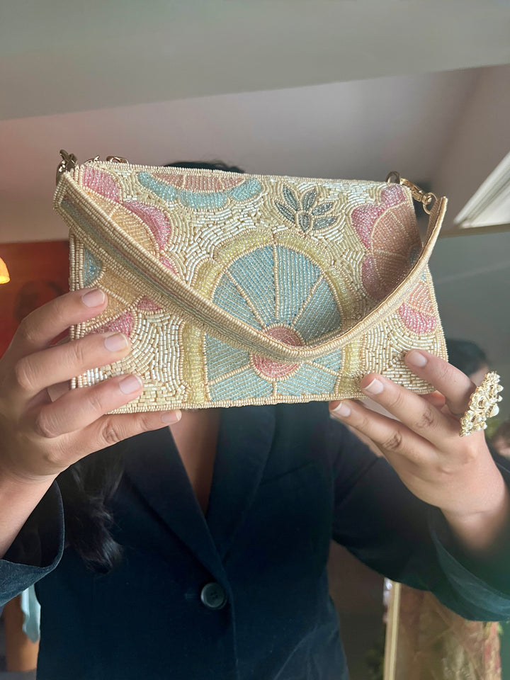 Handmade Pink Sky Blue & Ivory Beaded Purse | Elegant Embroidered Clutch | Detachable Strap