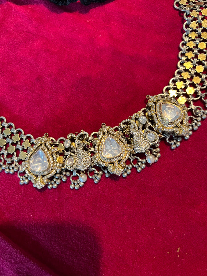 Kundan Polki 925 Silver Choker Necklace Set