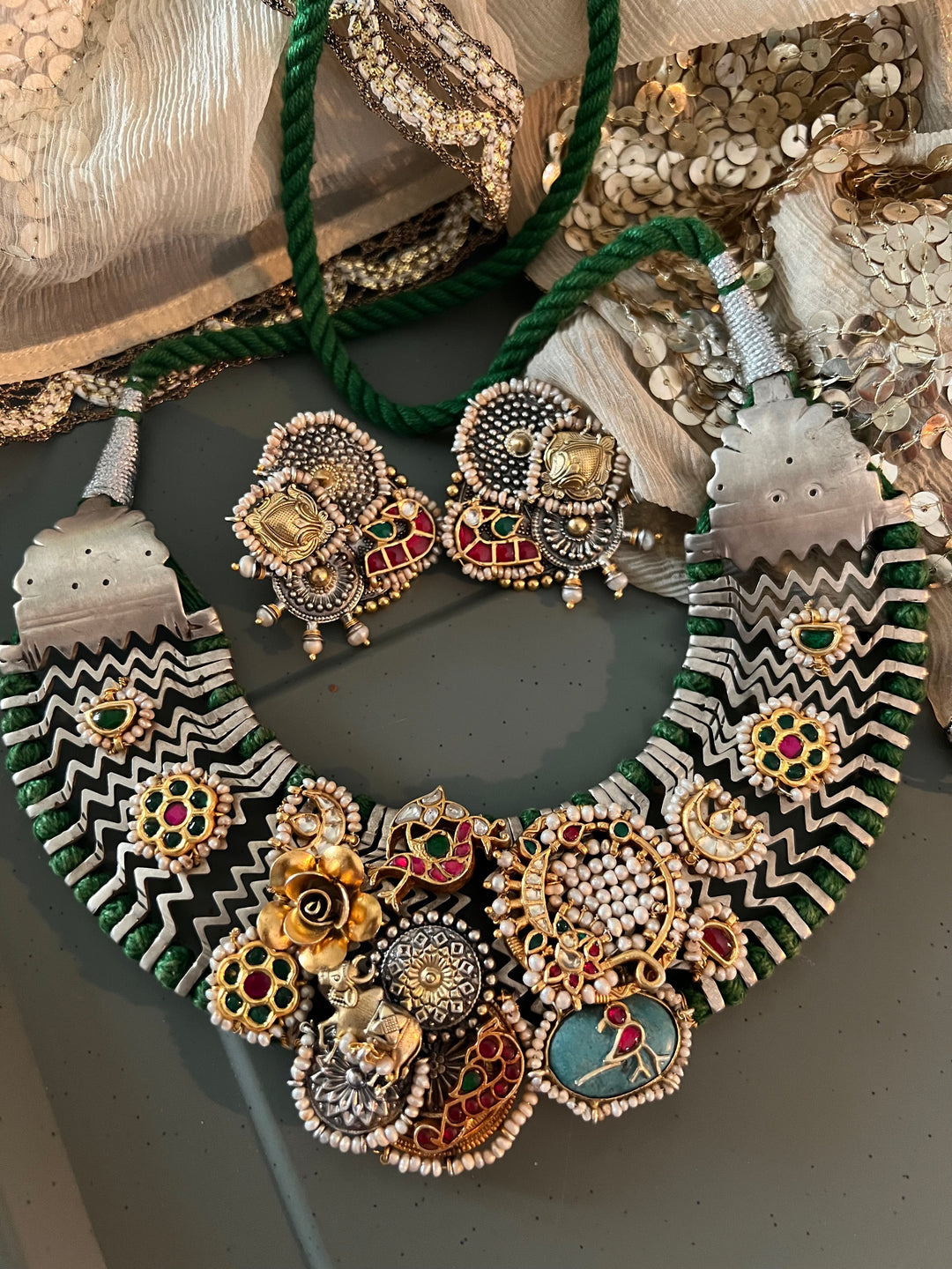 Kundan Polki 925 Silver Necklace Set