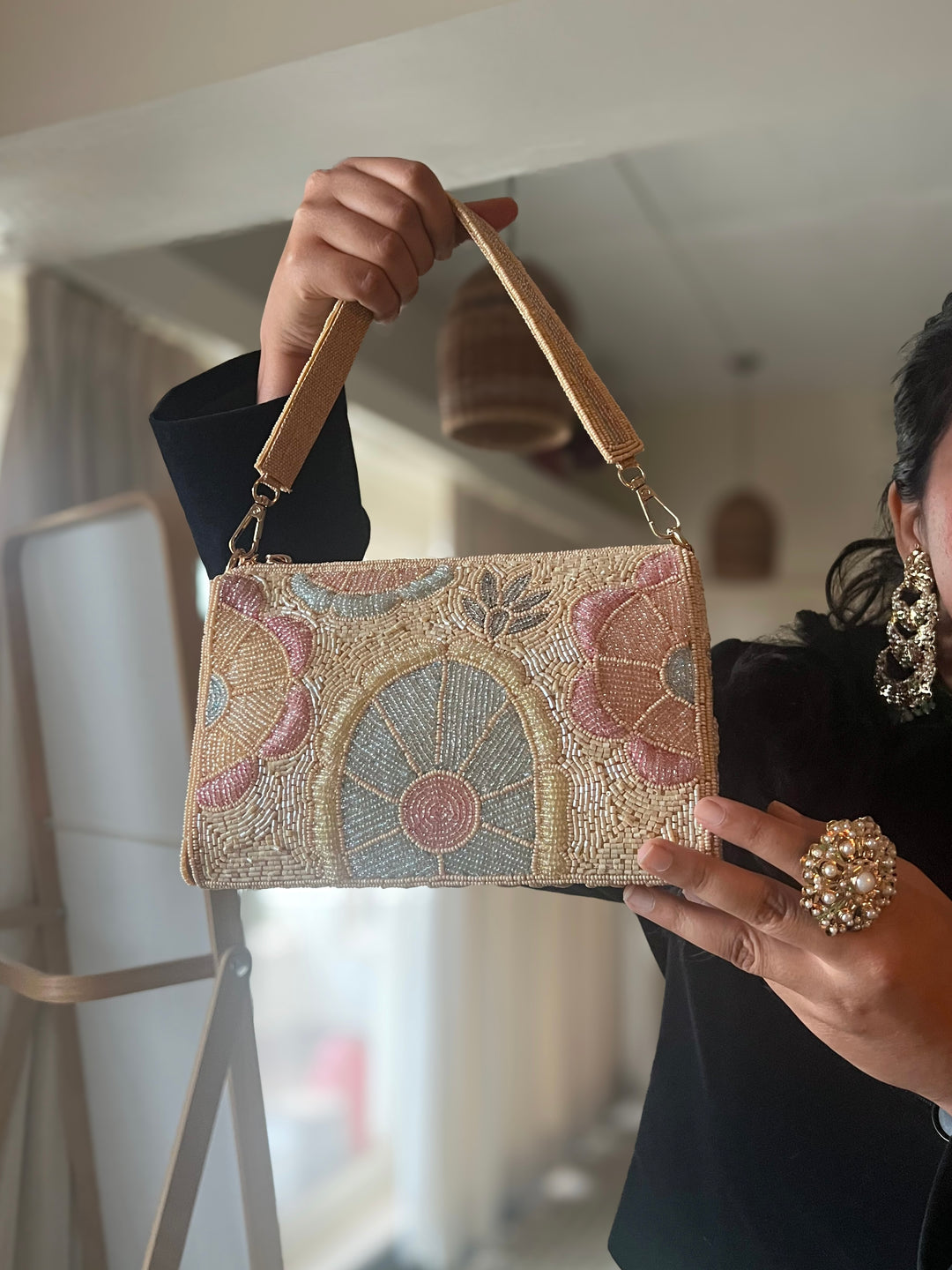 Handmade Pink Sky Blue & Ivory Beaded Purse | Elegant Embroidered Clutch | Detachable Strap