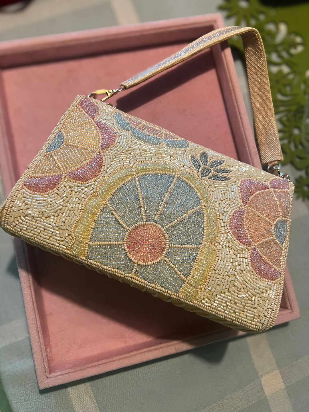 Handmade Pink Sky Blue & Ivory Beaded Purse | Elegant Embroidered Clutch | Detachable Strap
