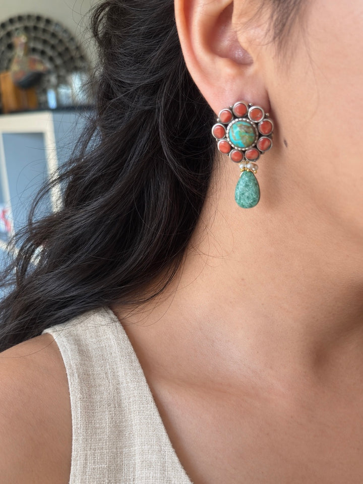 925 Silver Floral Turquoise Coral Amazonite Drop Earrings