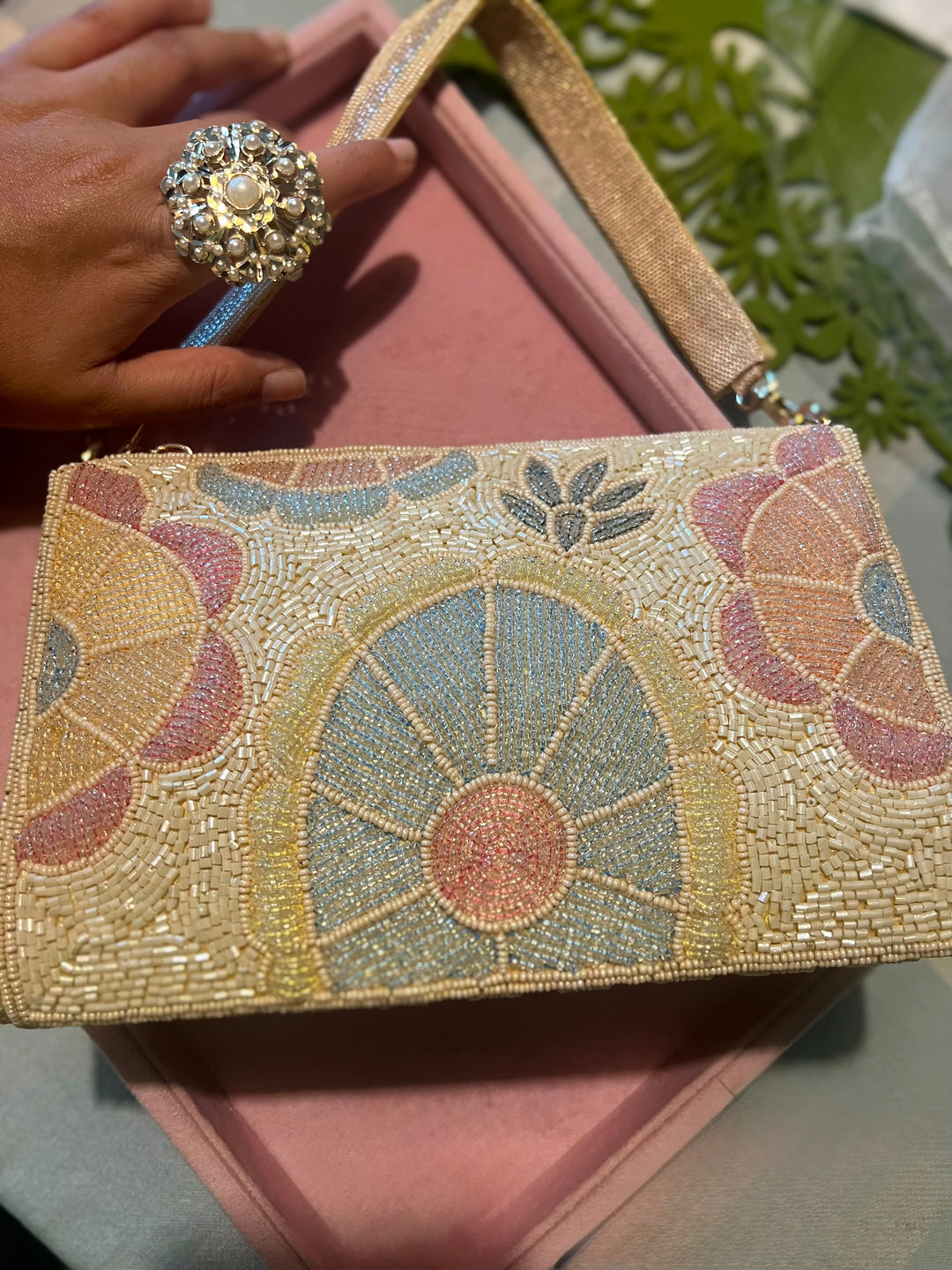 Handmade Pink Sky Blue & Ivory Beaded Purse | Elegant Embroidered Clutch | Detachable Strap