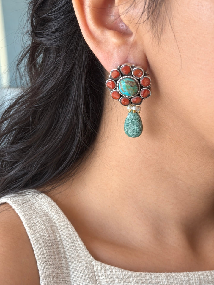 925 Silver Floral Turquoise Coral Amazonite Drop Earrings