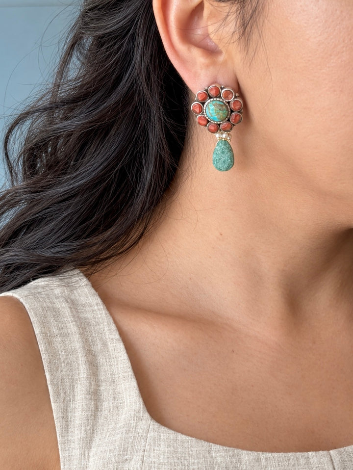 925 Silver Floral Turquoise Coral Amazonite Drop Earrings