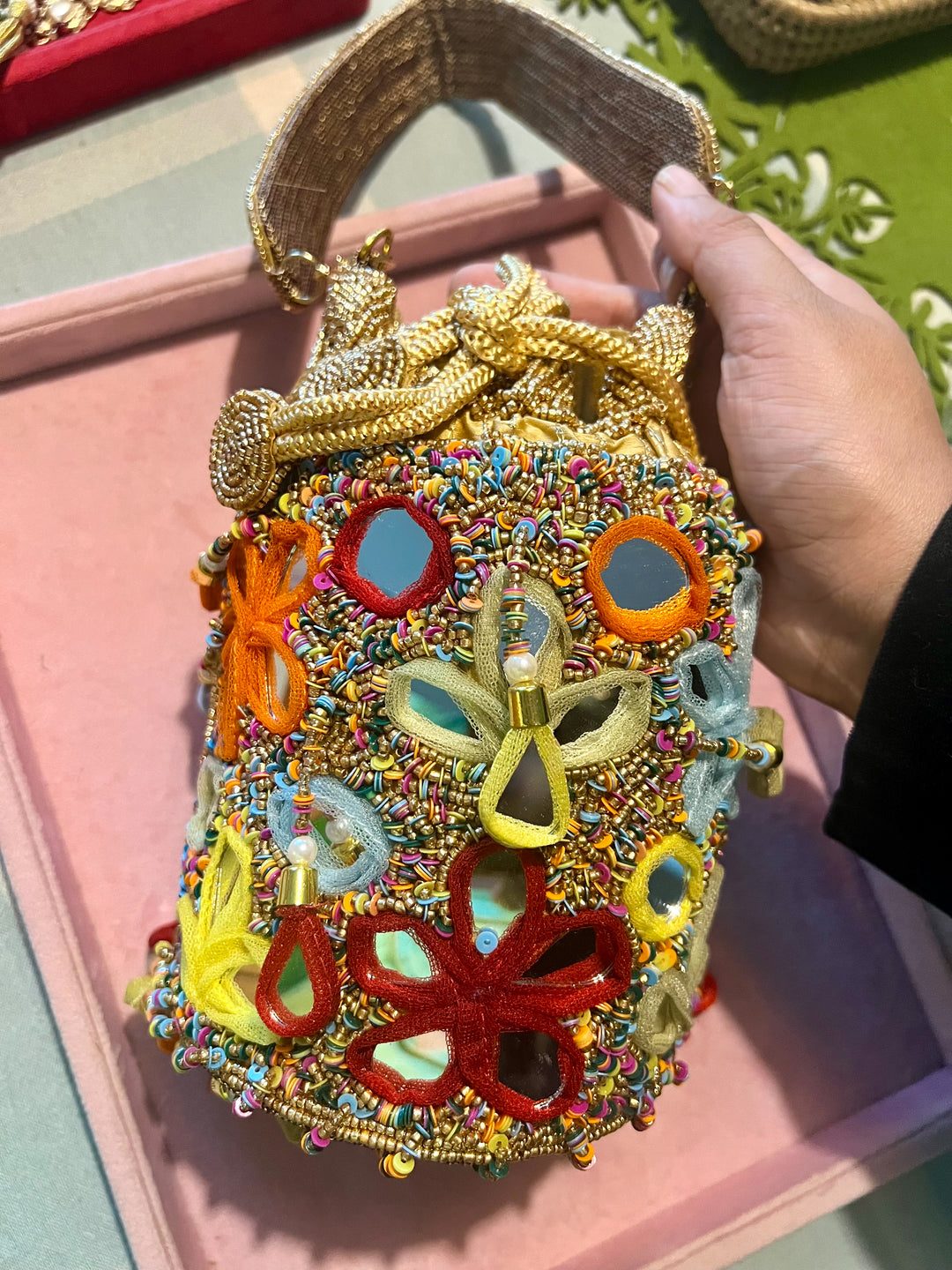 Handmade Colorful Mirror Work Potli Bag | Detachable Handle Evening Purse | Boho Statement Clutch