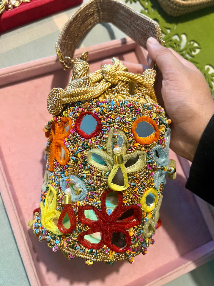Handmade Colorful Mirror Work Potli Bag | Detachable Handle Evening Purse | Boho Statement Clutch