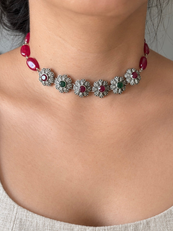 Red and Green Floral Choker Necklace