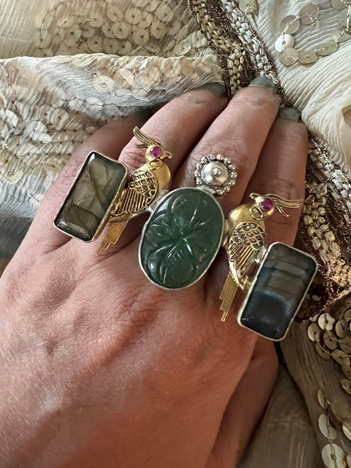 Statement Kundan 925 Silver Ring with Natural Stone & Bird Embellishments - Handmade, One of a Kind