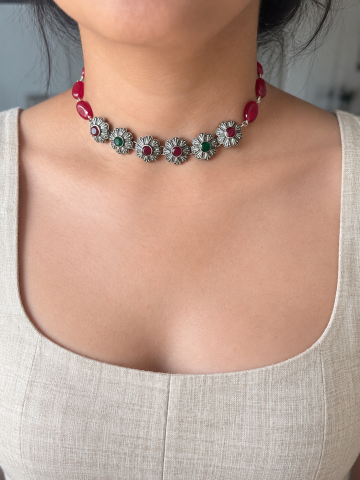 Red and Green Floral Choker Necklace