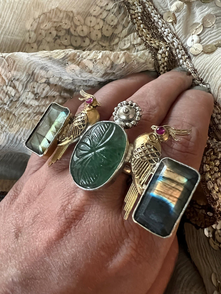 Statement Kundan 925 Silver Ring with Natural Stone & Bird Embellishments - Handmade, One of a Kind