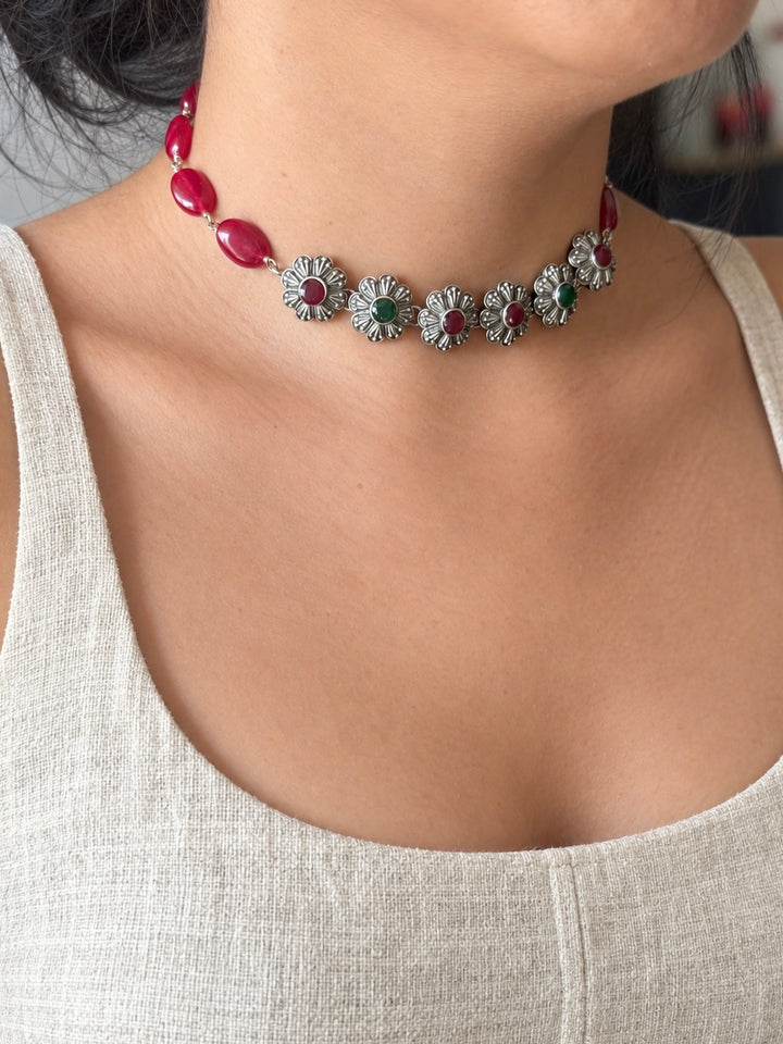 Red and Green Floral Choker Necklace