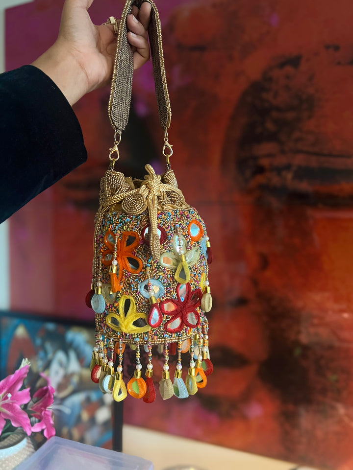 Handmade Colorful Mirror Work Potli Bag | Detachable Handle Evening Purse | Boho Statement Clutch