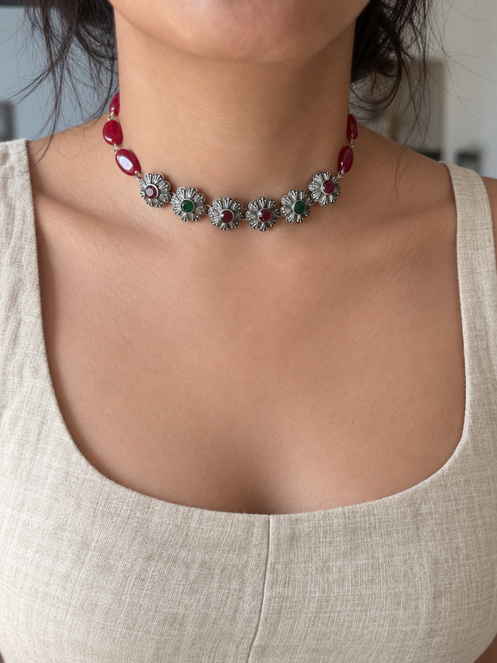 Red and Green Floral Choker Necklace