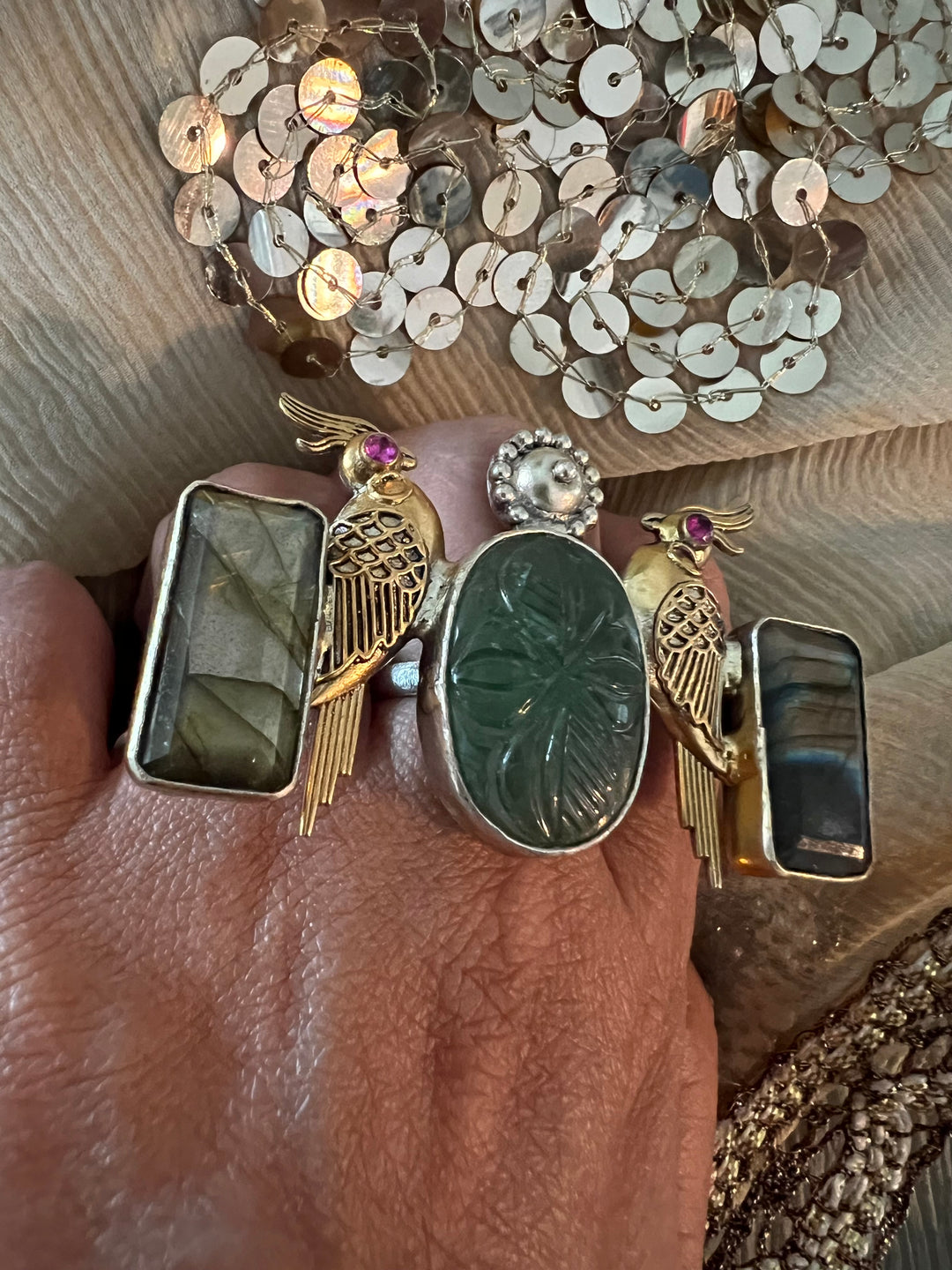 Statement Kundan 925 Silver Ring with Natural Stone & Bird Embellishments - Handmade, One of a Kind