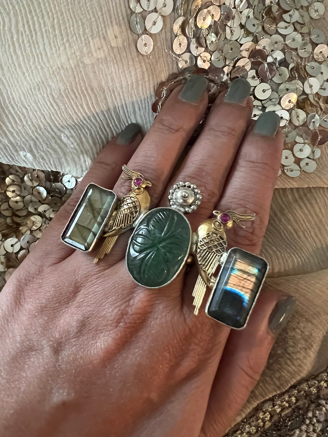 Statement Kundan 925 Silver Ring with Natural Stone & Bird Embellishments - Handmade, One of a Kind