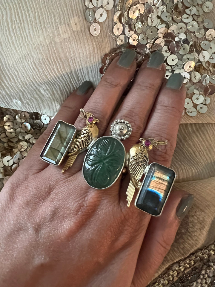 Statement Kundan 925 Silver Ring with Natural Stone & Bird Embellishments - Handmade, One of a Kind