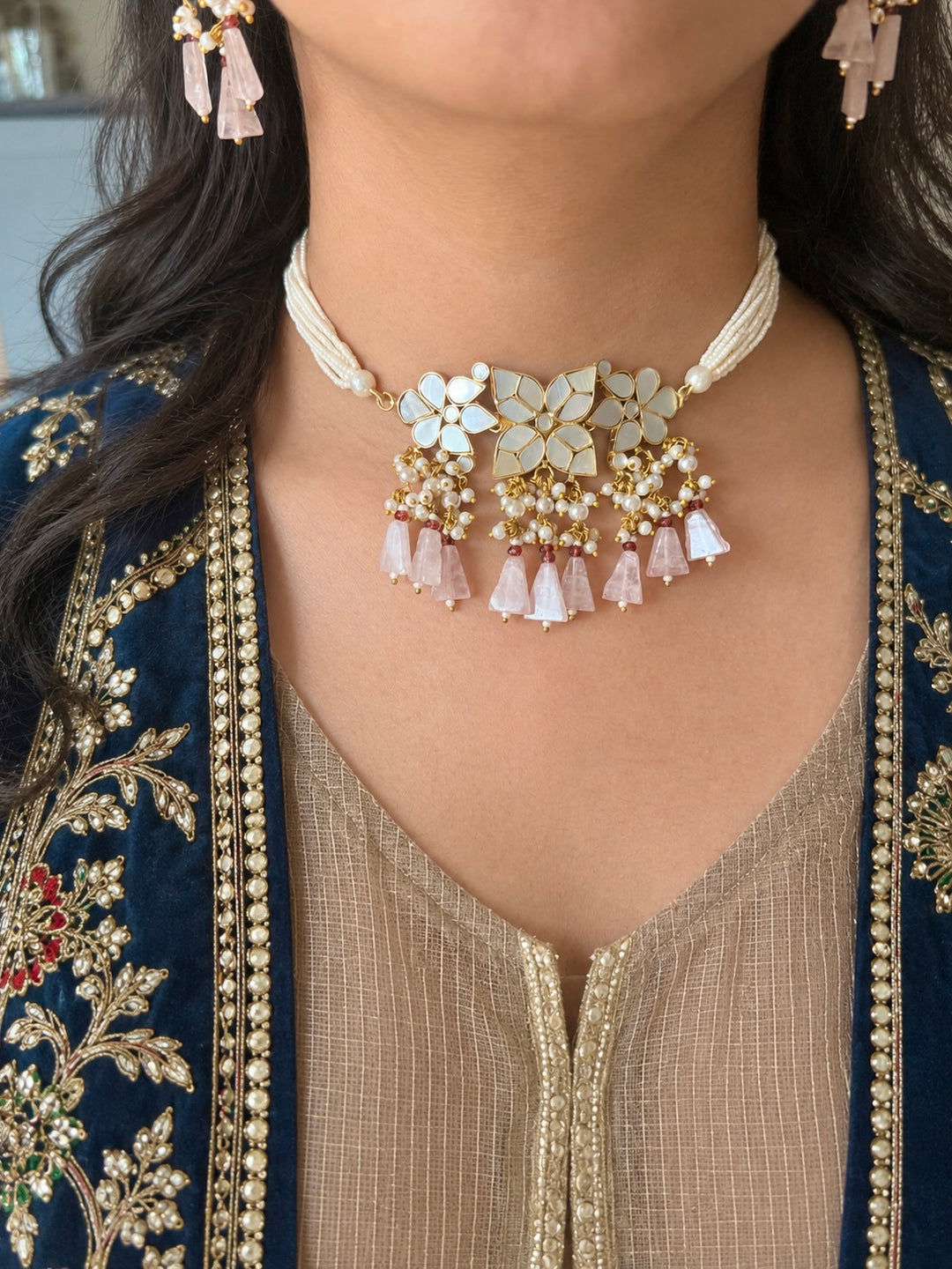 Rose Quartz Mother of Pearl and Pearl Choker Set
