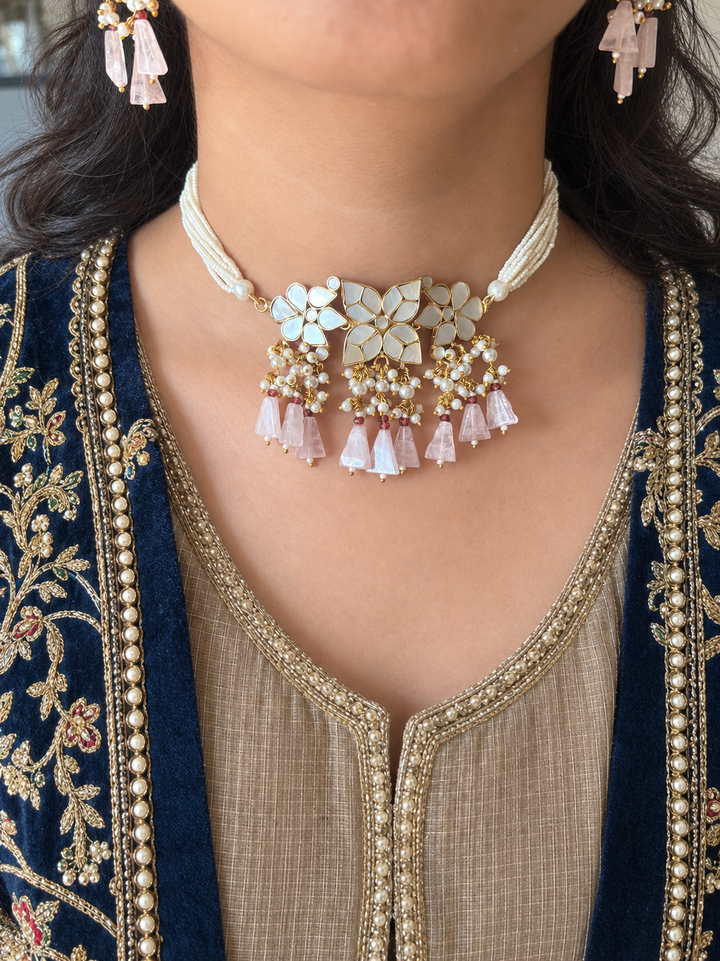 Rose Quartz Mother of Pearl and Pearl Choker Set