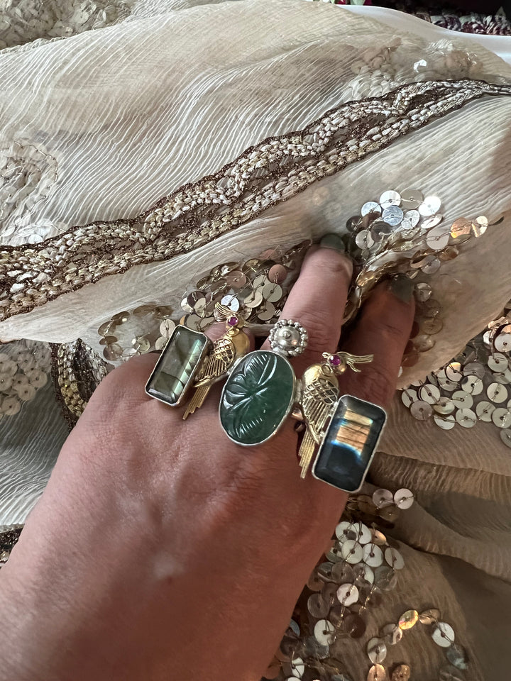 Statement Kundan 925 Silver Ring with Natural Stone & Bird Embellishments - Handmade, One of a Kind