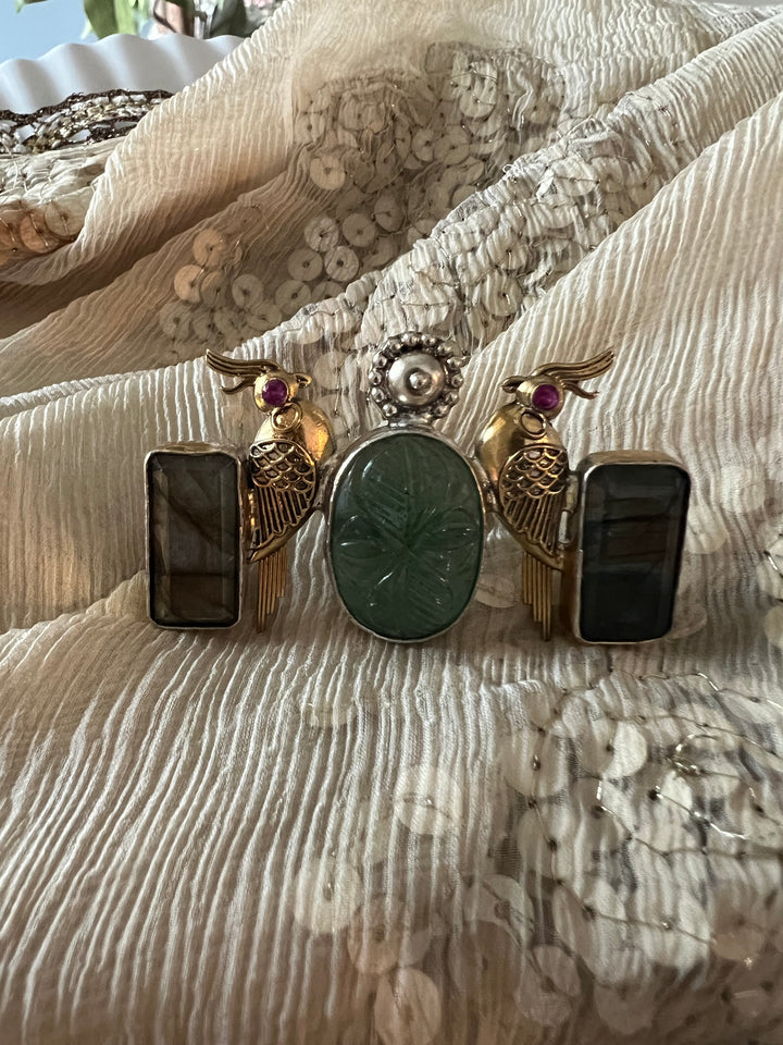 Statement Kundan 925 Silver Ring with Natural Stone & Bird Embellishments - Handmade, One of a Kind