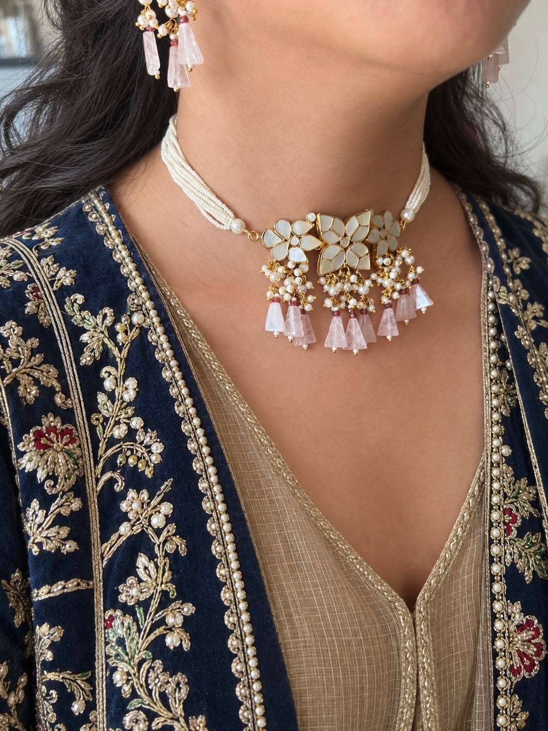 Rose Quartz Mother of Pearl and Pearl Choker Set