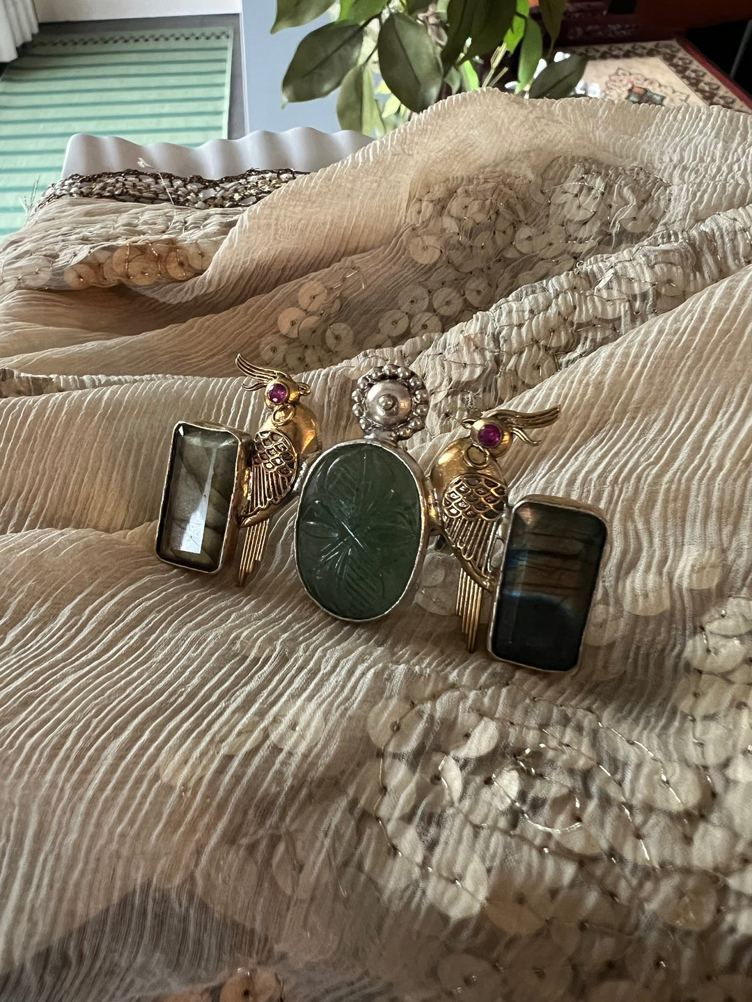 Statement Kundan 925 Silver Ring with Natural Stone & Bird Embellishments - Handmade, One of a Kind