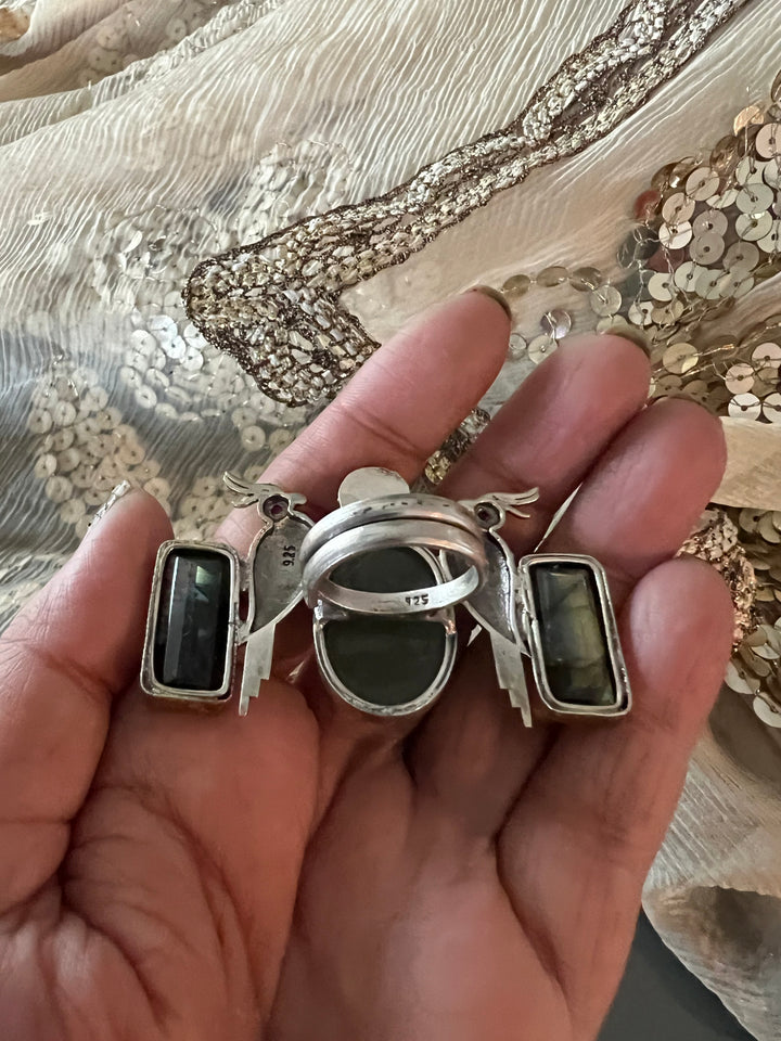 Statement Kundan 925 Silver Ring with Natural Stone & Bird Embellishments - Handmade, One of a Kind