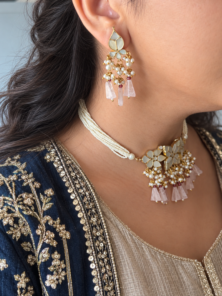 Rose Quartz Mother of Pearl and Pearl Choker Set