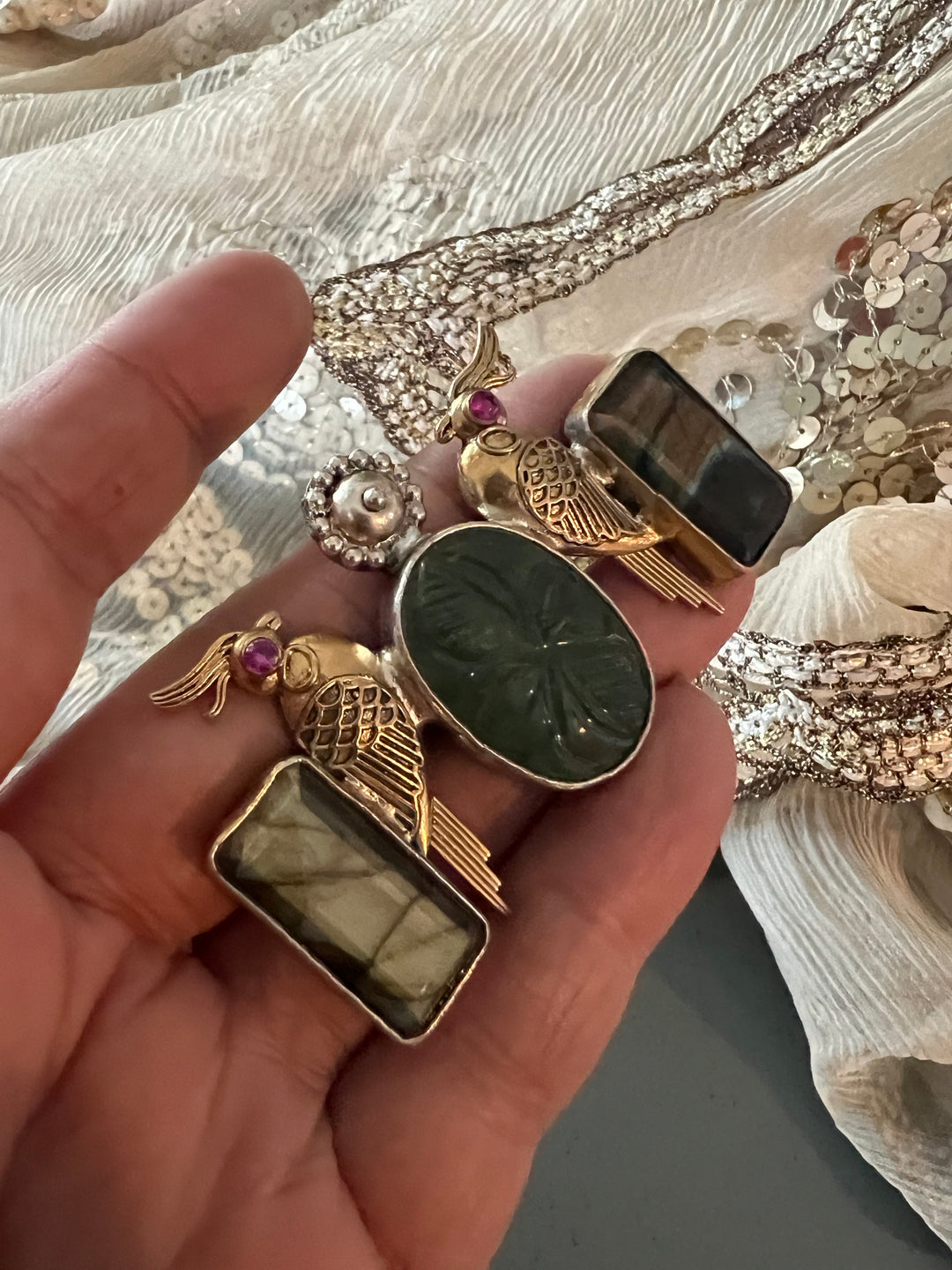 Statement Kundan 925 Silver Ring with Natural Stone & Bird Embellishments - Handmade, One of a Kind