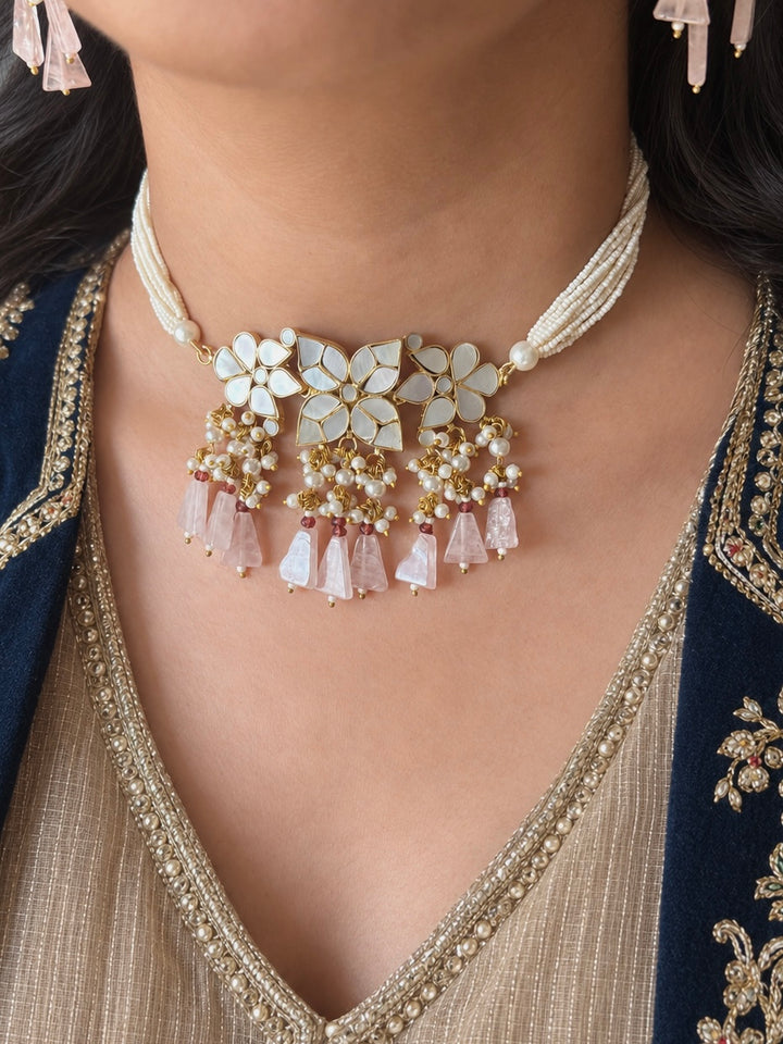 Rose Quartz Mother of Pearl and Pearl Choker Set