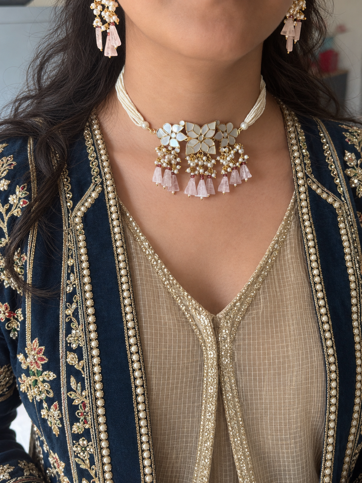 Rose Quartz Mother of Pearl and Pearl Choker Set