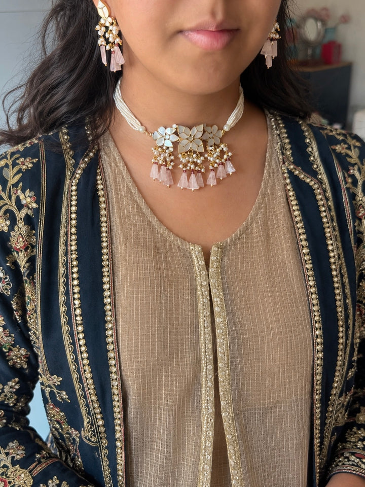Rose Quartz Mother of Pearl and Pearl Choker Set
