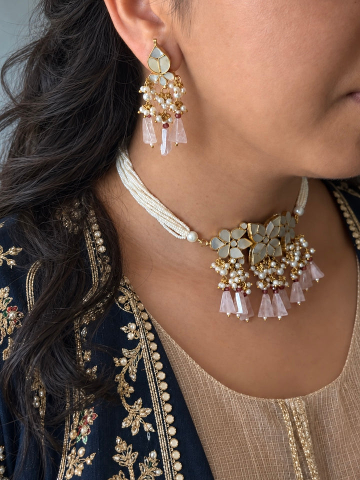 Rose Quartz Mother of Pearl and Pearl Choker Set