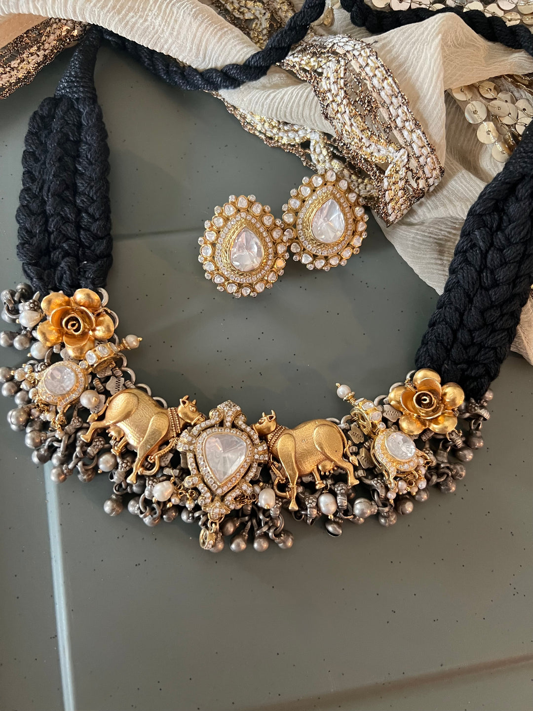 Golden Cow Motif Kundan Polki 925 Silver Choker Necklace Set