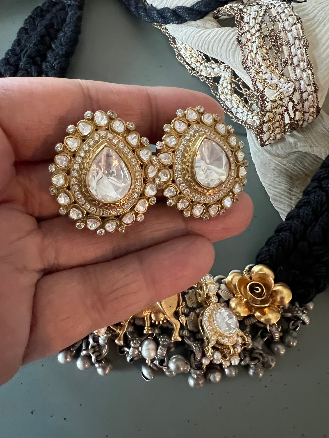 Golden Cow Motif Kundan Polki 925 Silver Choker Necklace Set