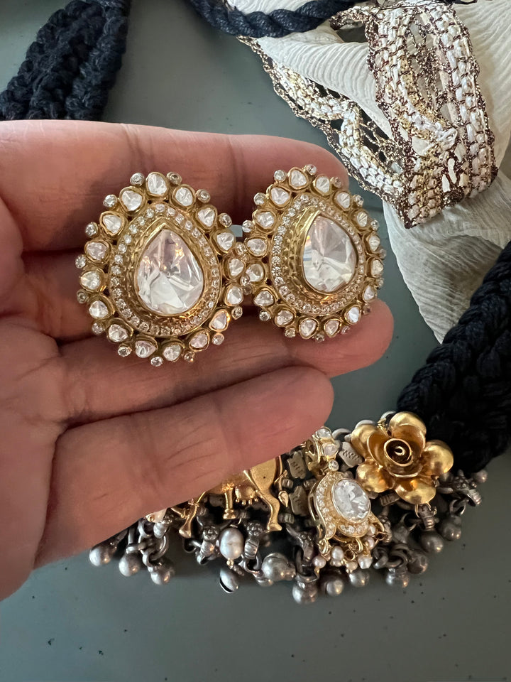 Golden Cow Motif Kundan Polki 925 Silver Choker Necklace Set