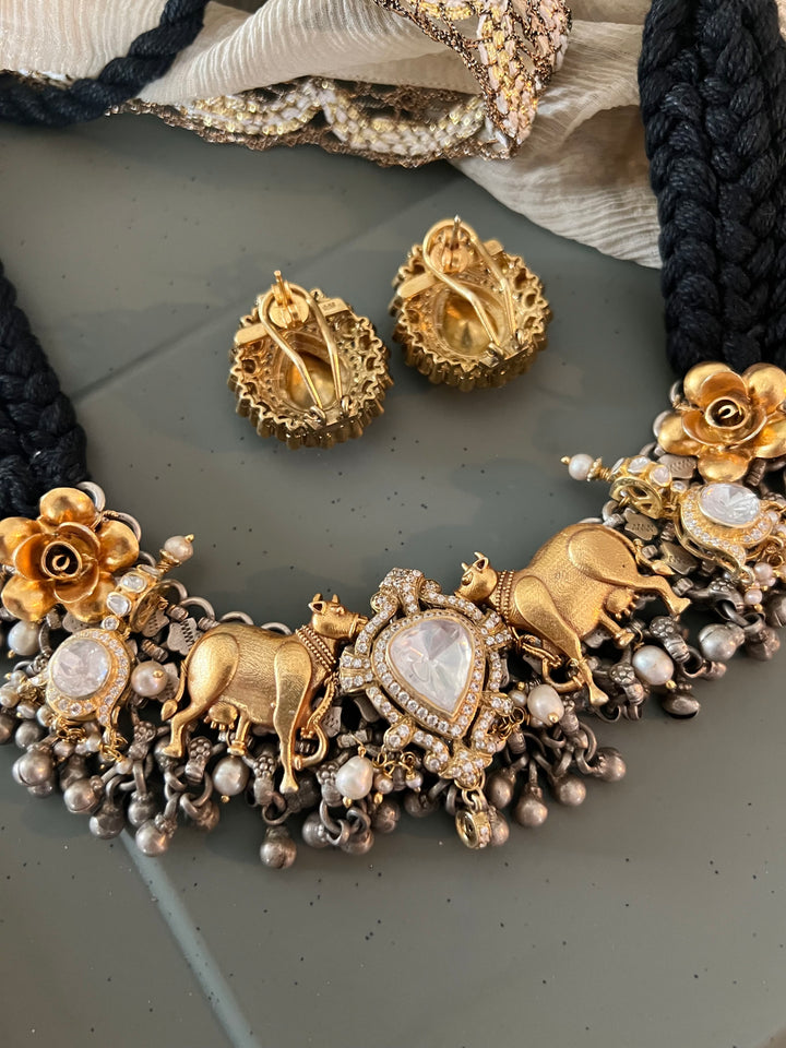 Golden Cow Motif Kundan Polki 925 Silver Choker Necklace Set