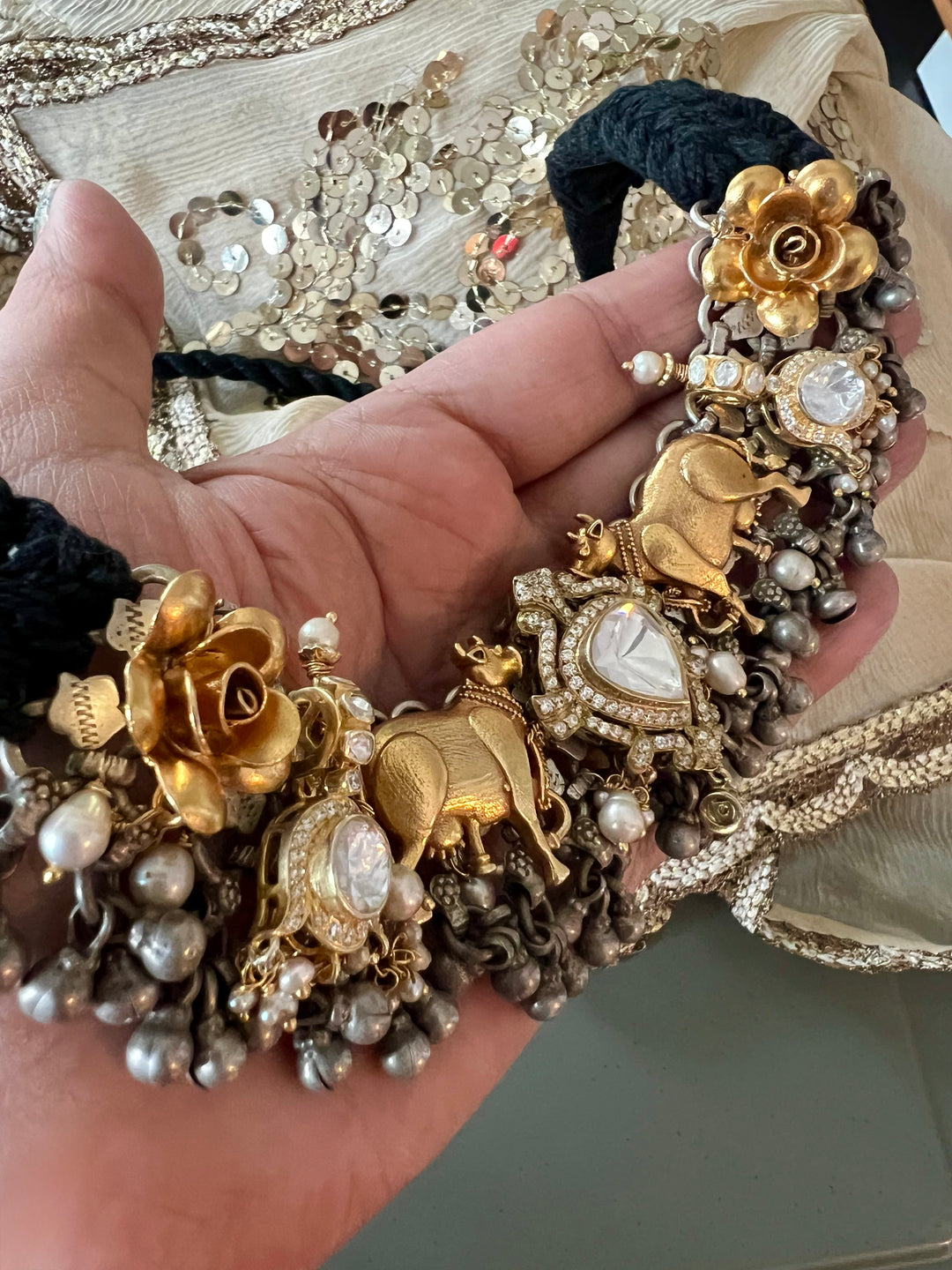 Golden Cow Motif Kundan Polki 925 Silver Choker Necklace Set