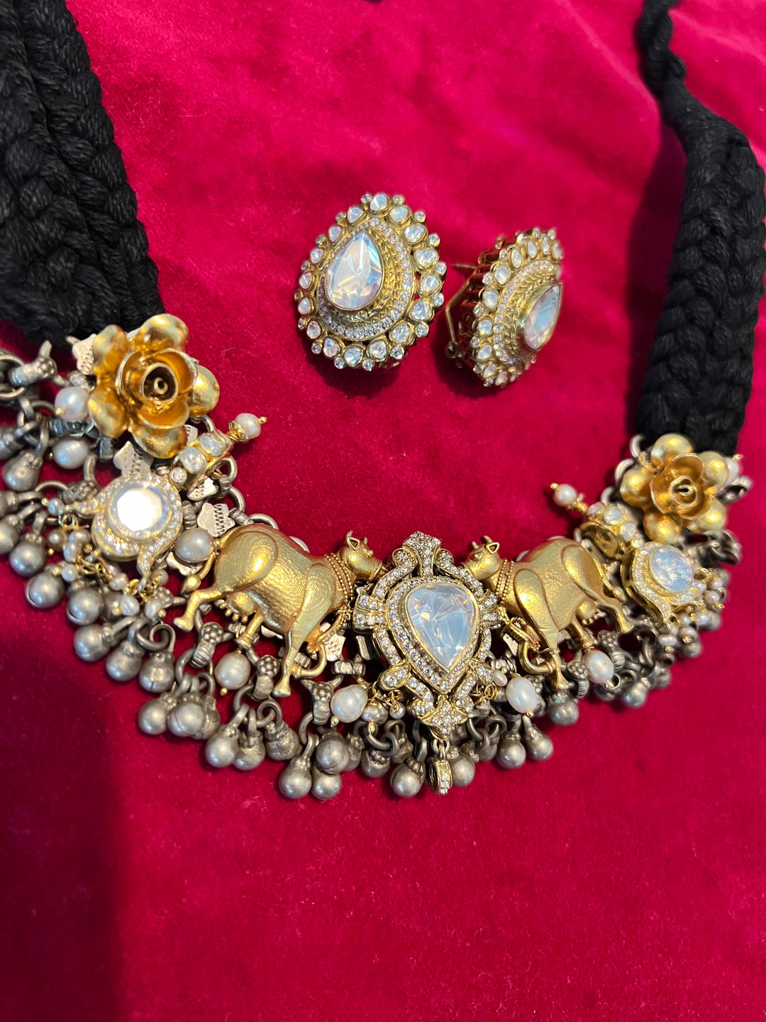 Golden Cow Motif Kundan Polki 925 Silver Choker Necklace Set